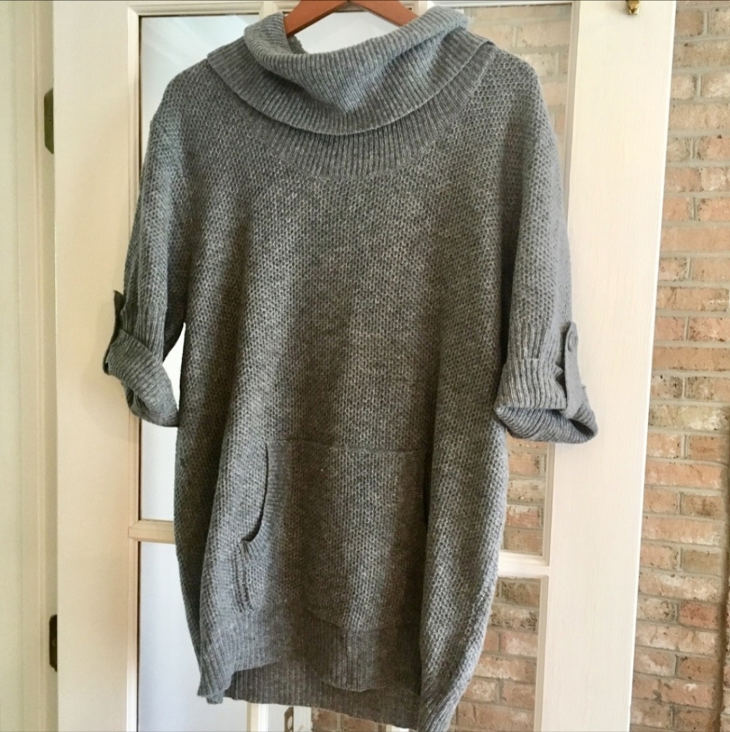 Motherhood Maternity Cowl Neck Knit Sweater Kangaroo Pocket Grey Women's Large L
